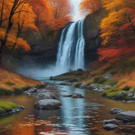 Autumn River Reflections Flowing to a Waterfall