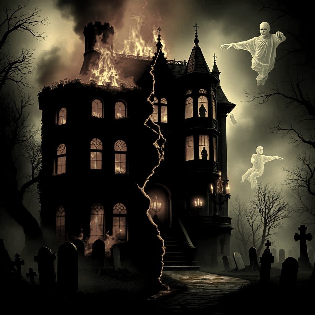 Haunted Mansion Split View: Burning and Ghostly