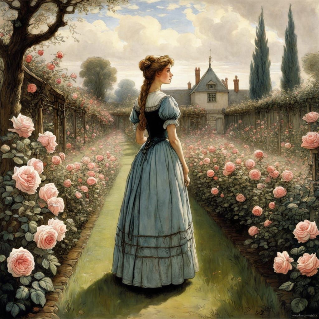 Whimsical Girl in Enchanting Rose Garden