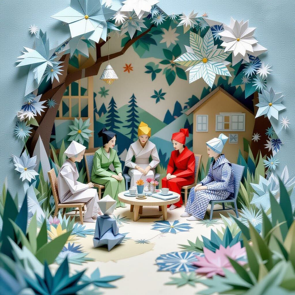 Origami and Zentangle Papercraft Scene in 8K