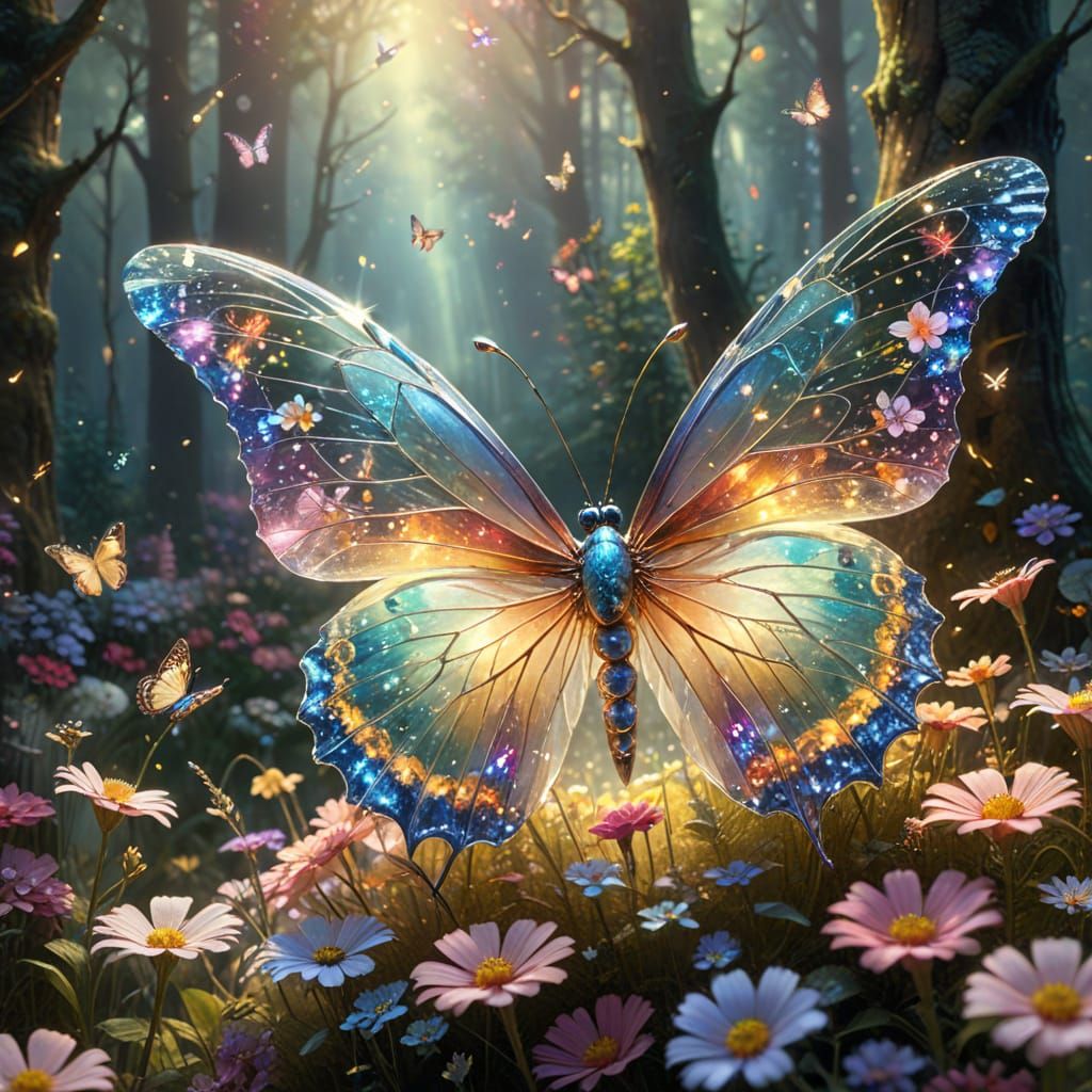 Crystal Butterfly in Ethereal Forest, Kinkade Style
