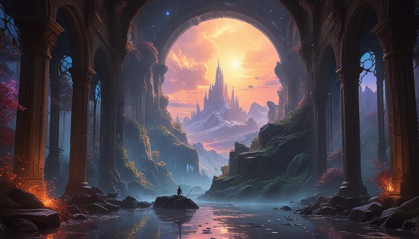 Cosmic Library with Stone Golem in Astral Style