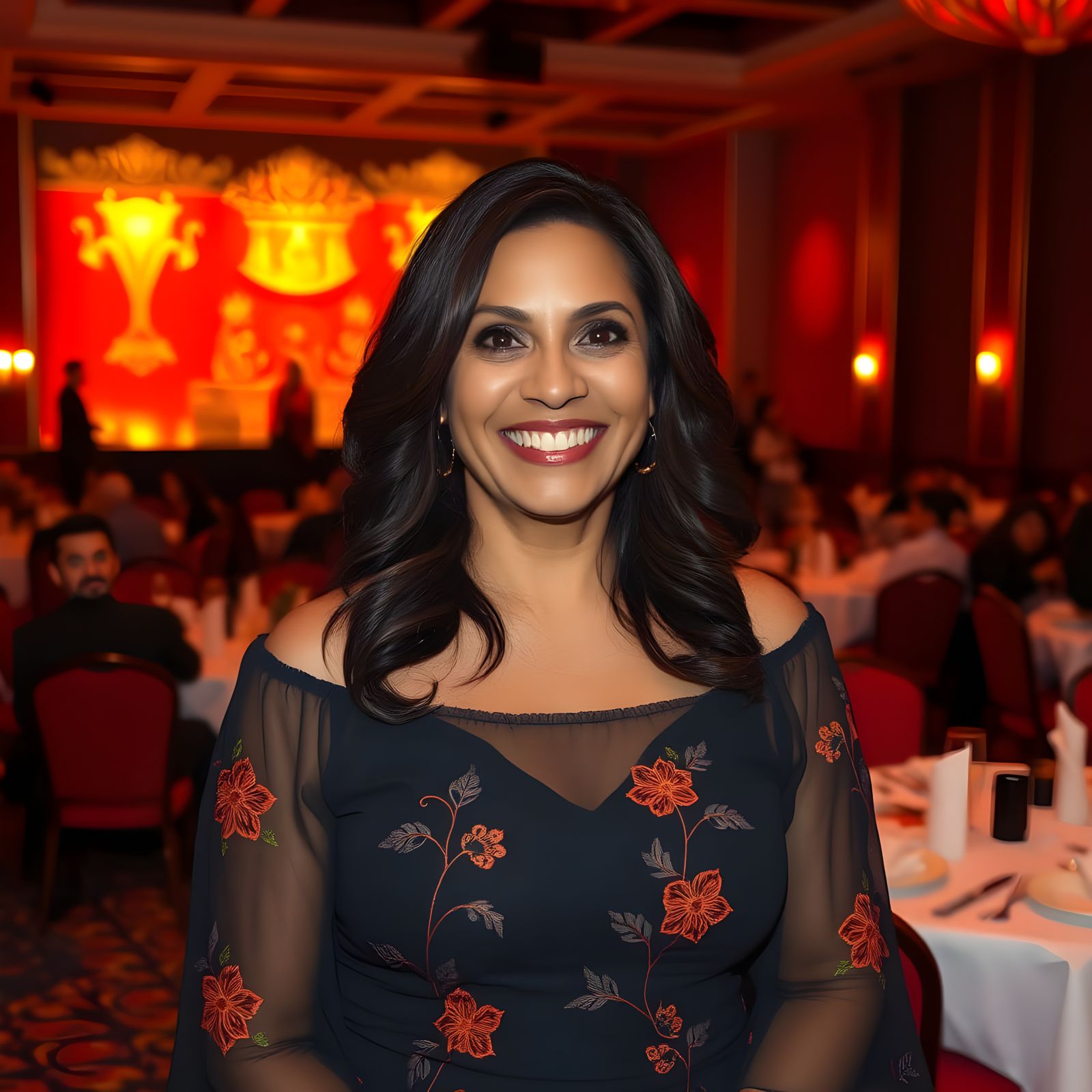 A Woman's Radiant Smile in a Cozy Red-Toned Restaurant