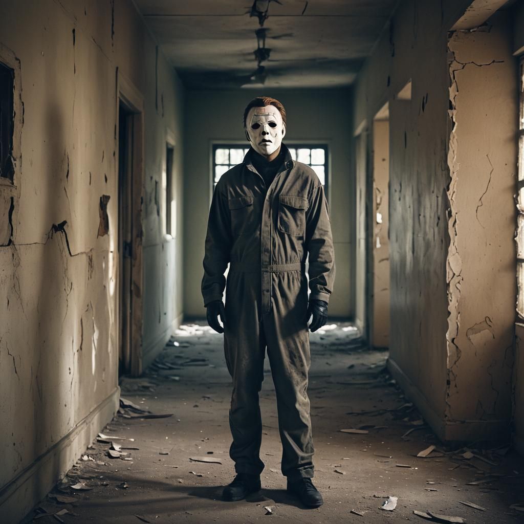 Cinematic Portrait of Michael Myers in Abandoned Corridor