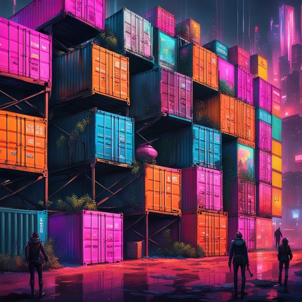 Cyberpunk Container Homes with Graffiti Art