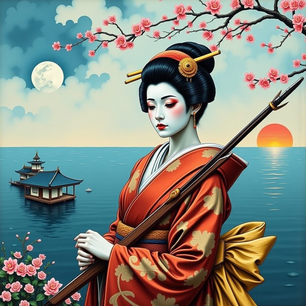 Samurai and Geisha Silhouetted Against a Sunset Seascape