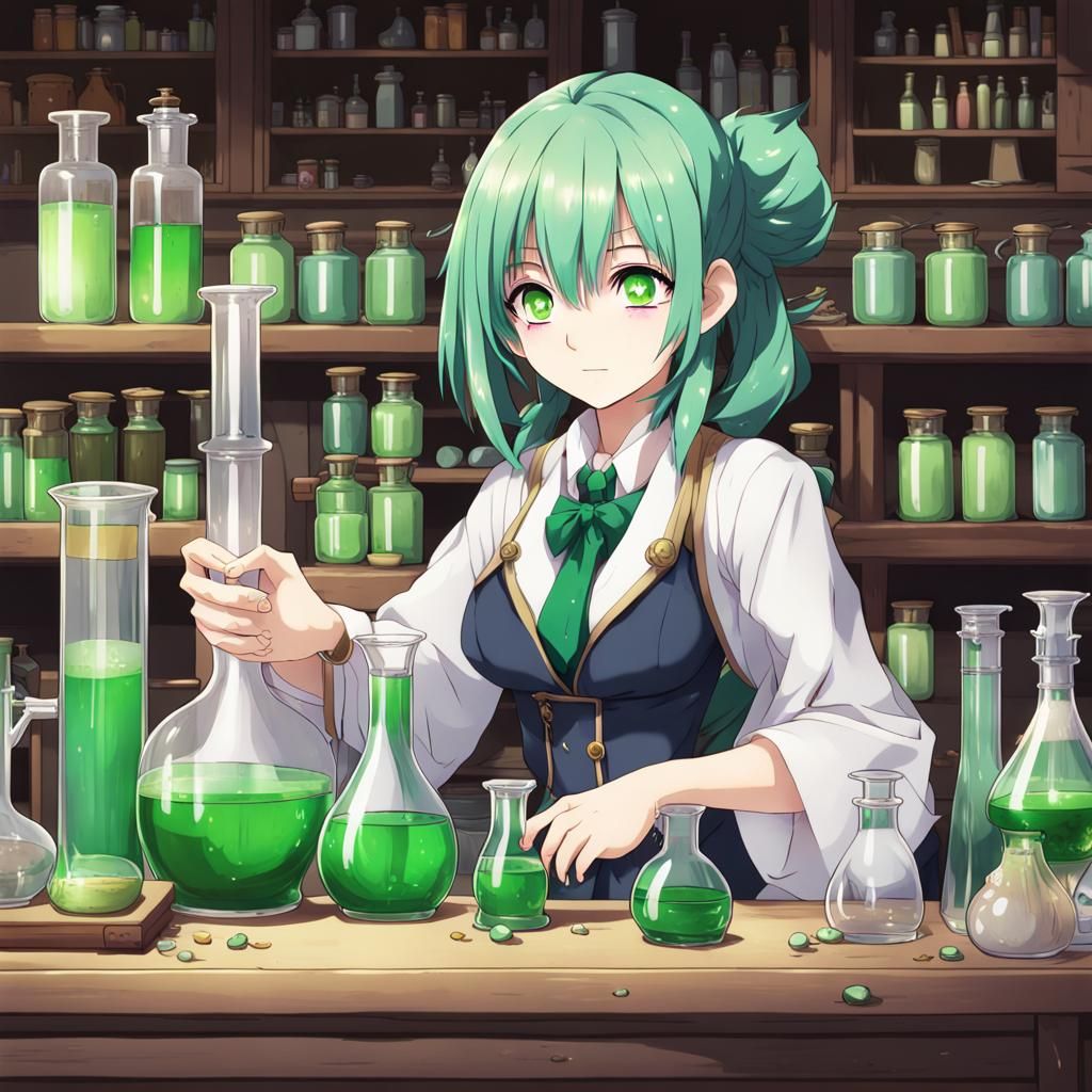 Anime Girl Alchemist Mixing Potions