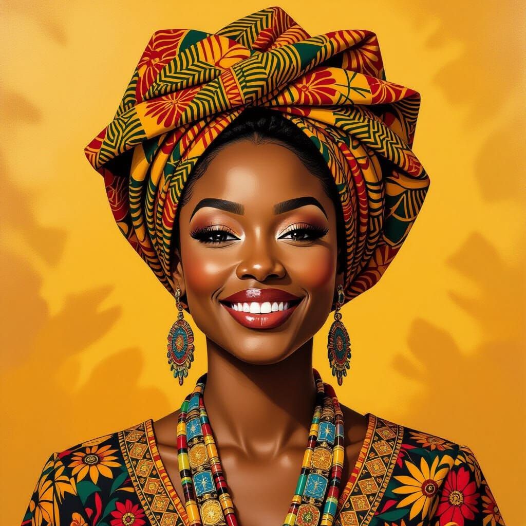 Black Woman with Textile Crown in Expressive Portrait