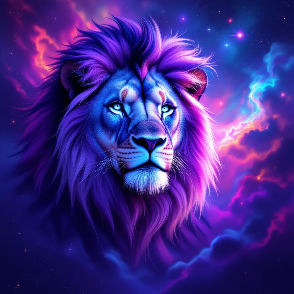 Majestic Lion With Blue Face and Purple Mane in Nebula