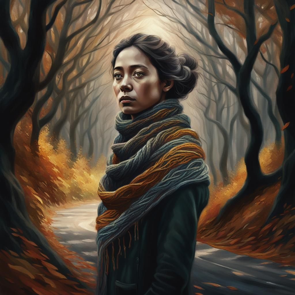 Autumn Road Scarf Portrait in Hyperrealist Style