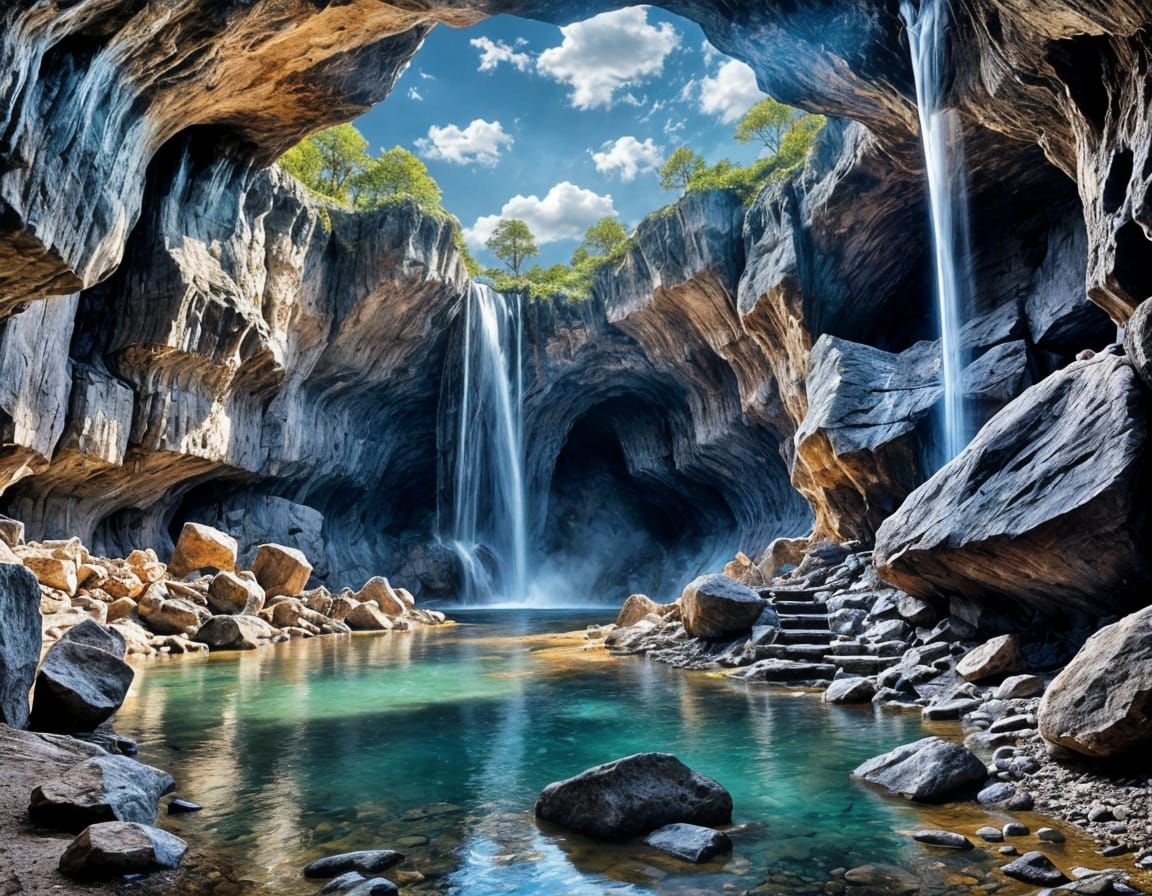 Magnificent Cavern with Waterfall and Blue Sky