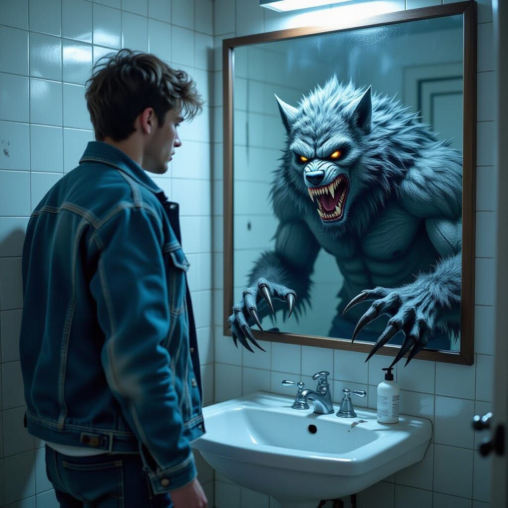 Man's Terrifying Reflection as a Werewolf Beast