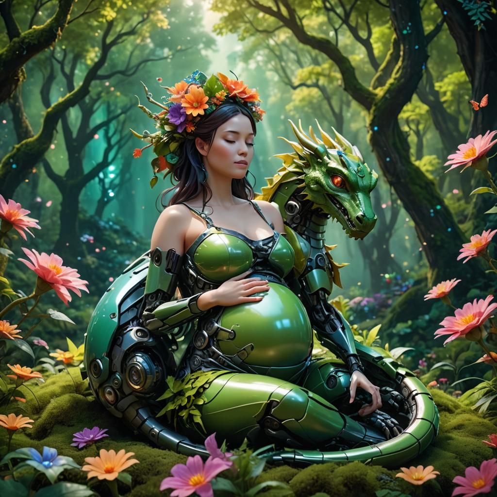 Robotic Pregnant Woman with Dragon in Galactic Forest