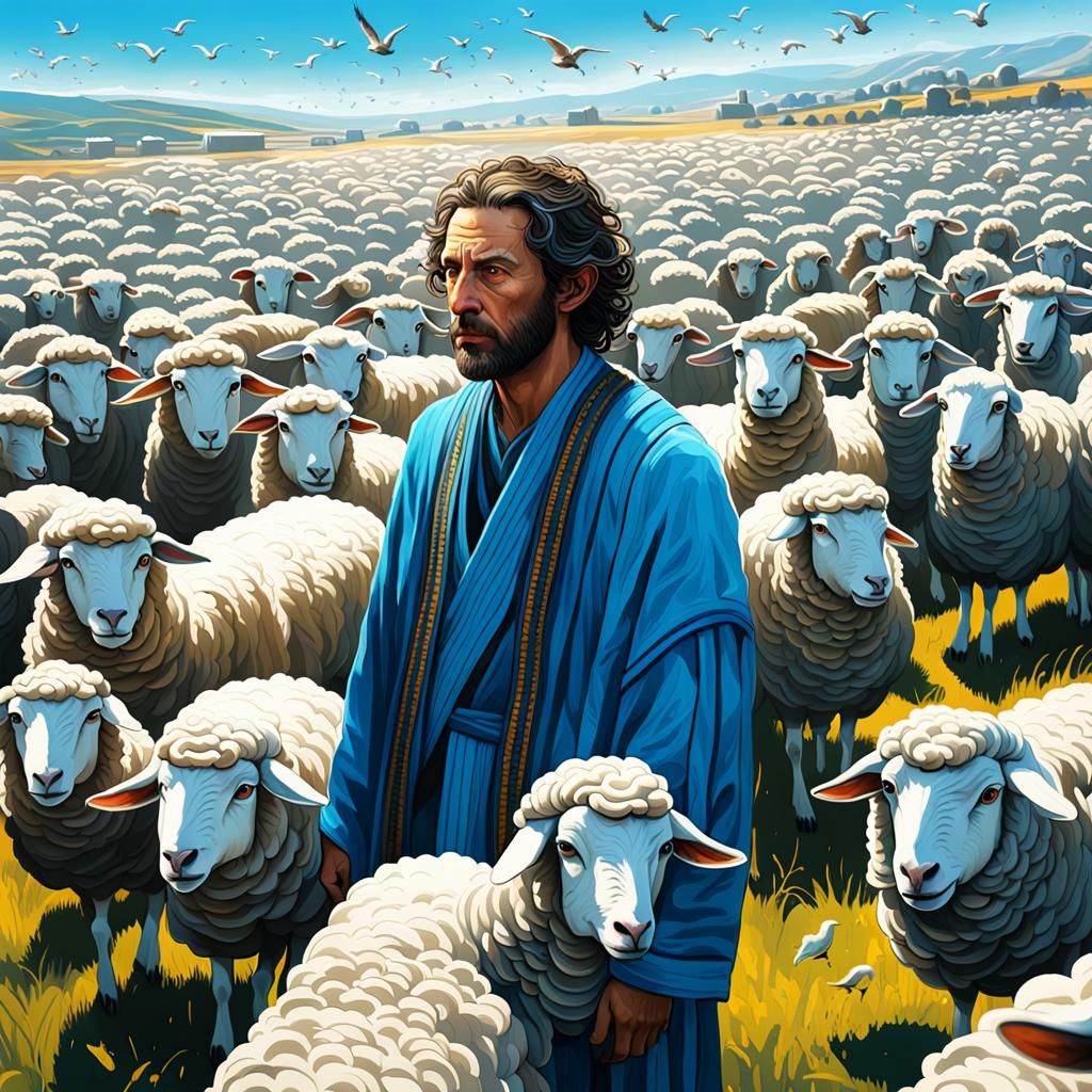 Hyperrealistic Farm Scene with Birds, Sheep, and Tallit