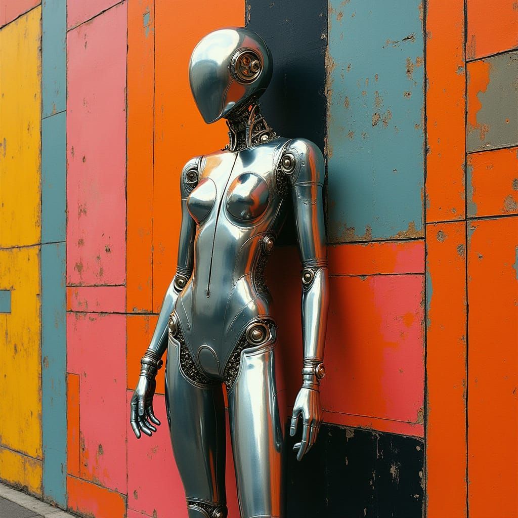 Cyborg Posing Before Geometric Wall Art