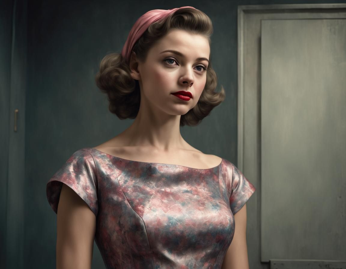 Elegant Woman in 50s Dress: Hyperrealistic Sci-Fi Art