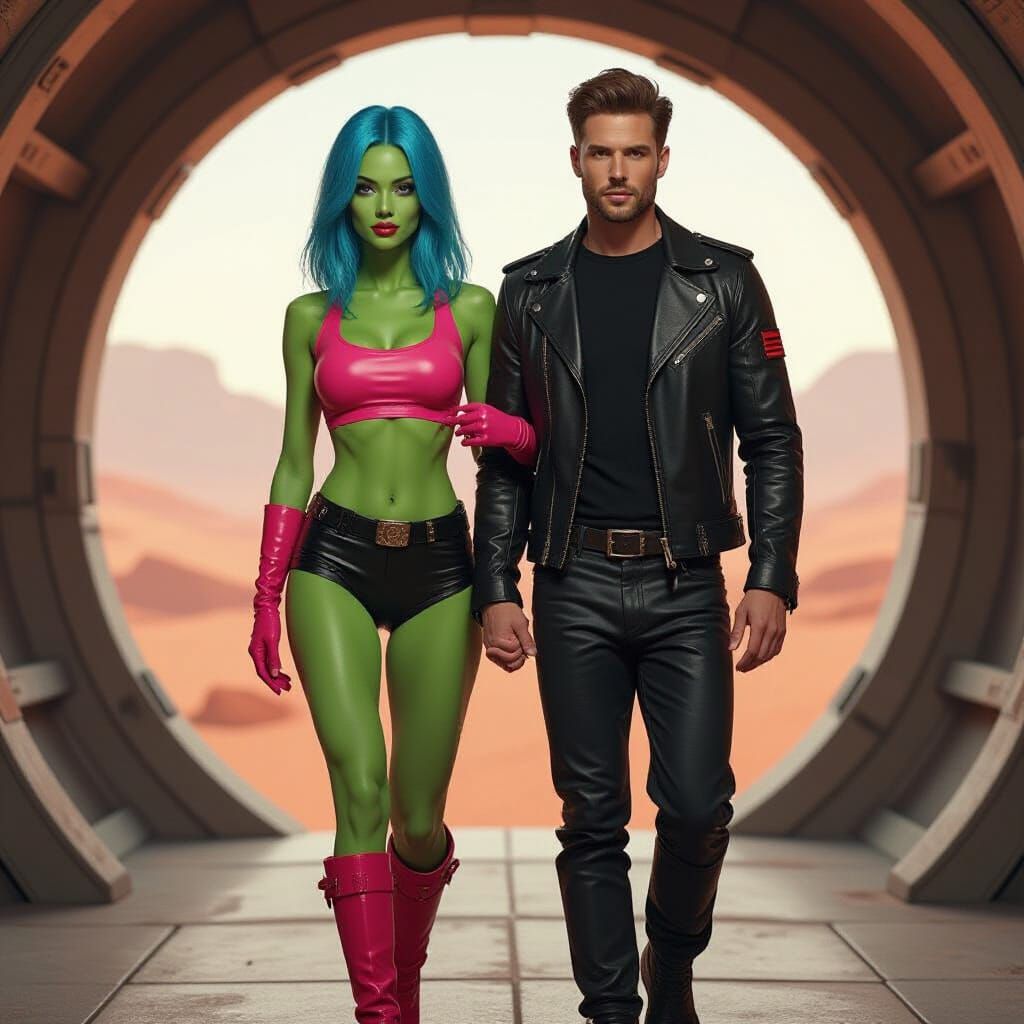 Green Alien Woman with Blue Hair on Mars Base