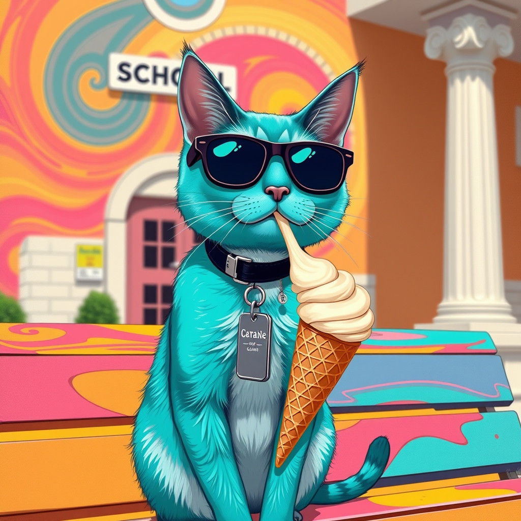 Turquoise Cat Enjoys Ice Cream in Pop Art Style