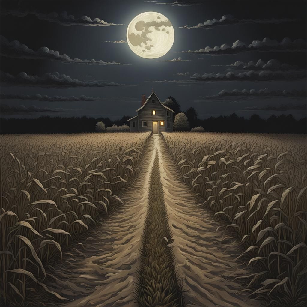 Sinister Crossroads in Cornfield Under Full Moon