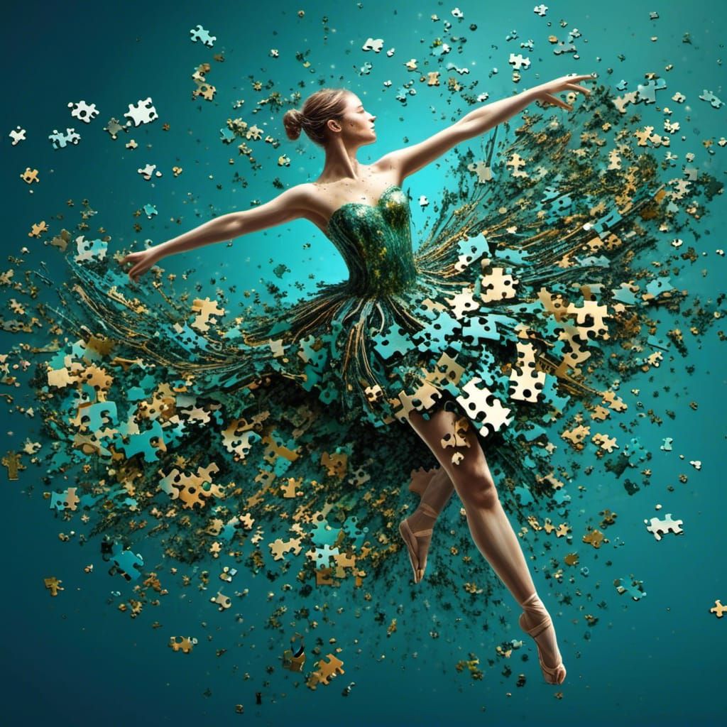 Android Ballerina in Jigsaw Puzzle Explosion