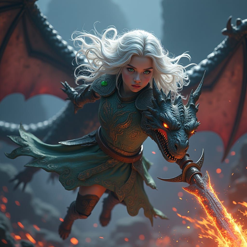 Girl with Crystal Sword Battling Dragon in Fantasy Art