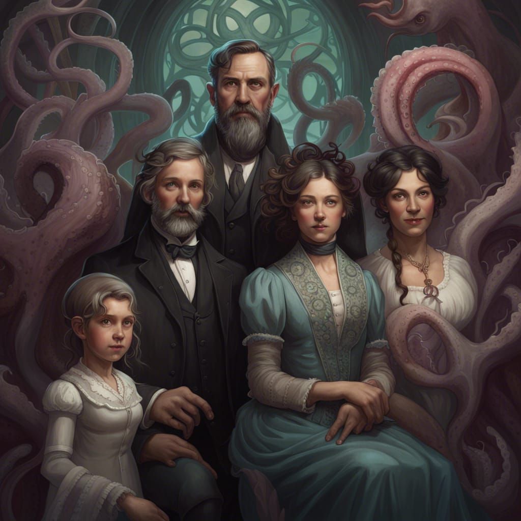 Victorian Family Portrait with Lovecraftian Horror Elements