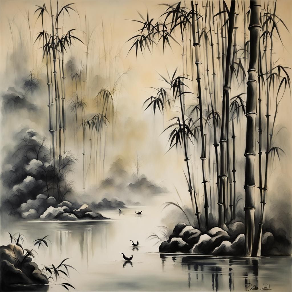Misty Bamboo Brook: Chinese Brush Painting with Surrealism