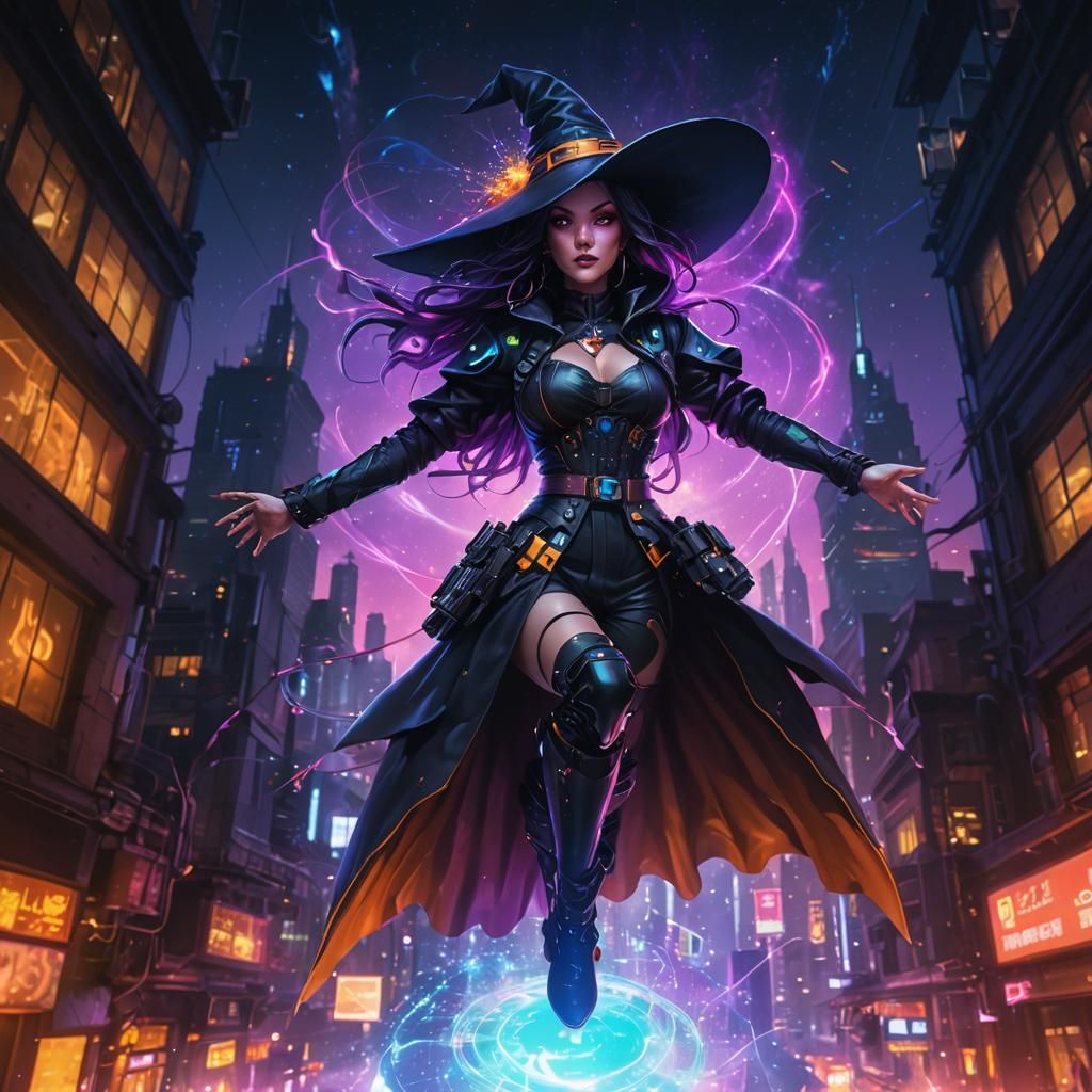 Cyberpunk Witch Mid-Air with Magic Threads