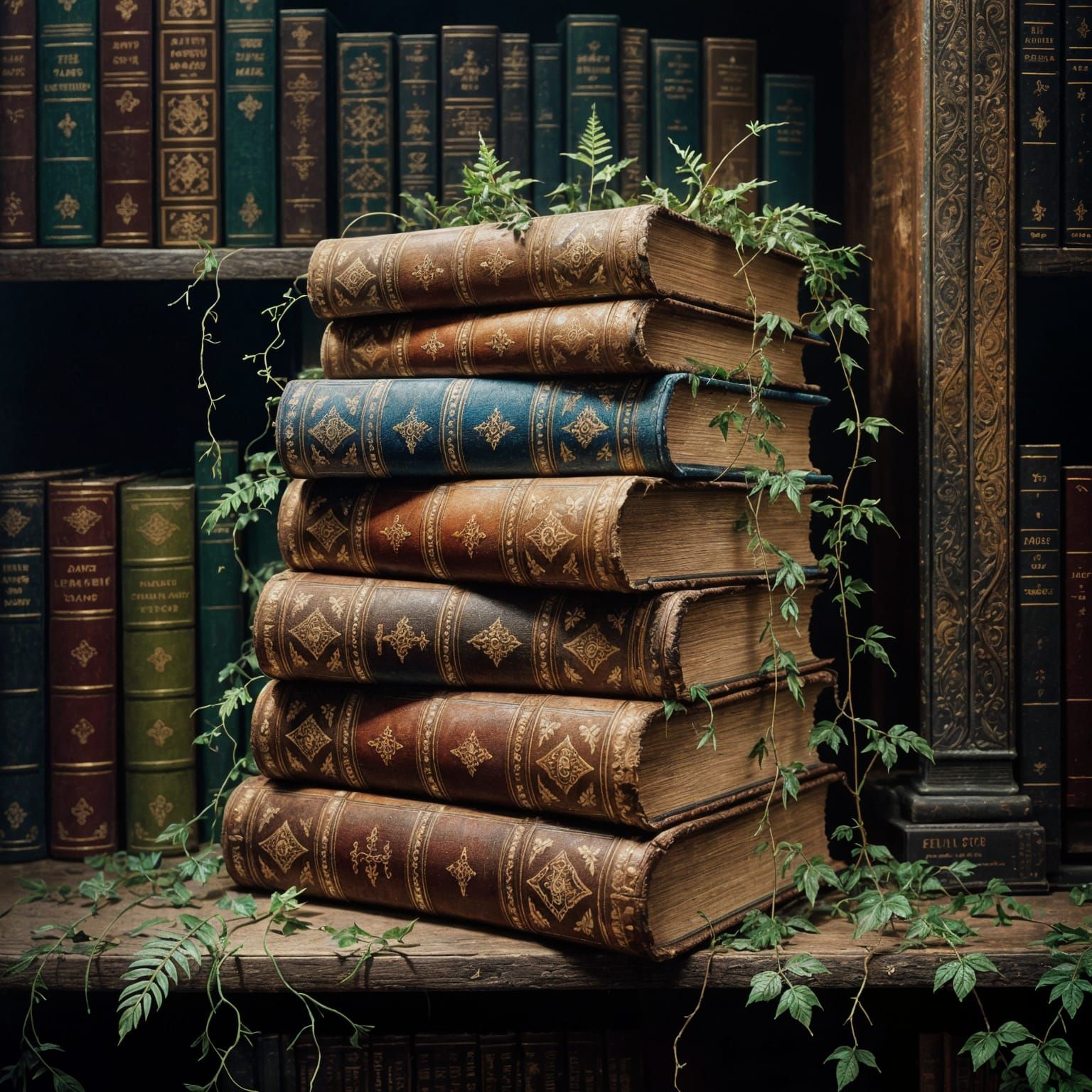 Hyperrealistic Library Books Reclaimed by Nature