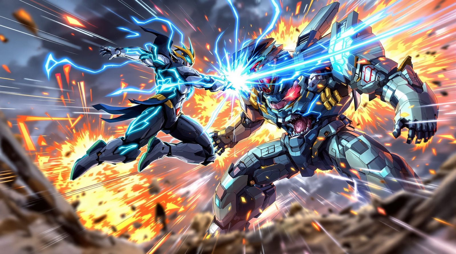 Futuristic Warrior Unleashes Energy Attack on Beast