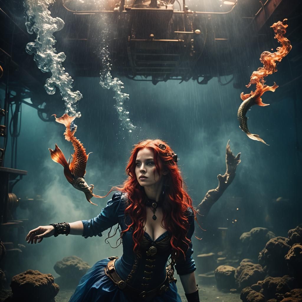 Steampunk Mermaid in Dark Deepsea with Fire
