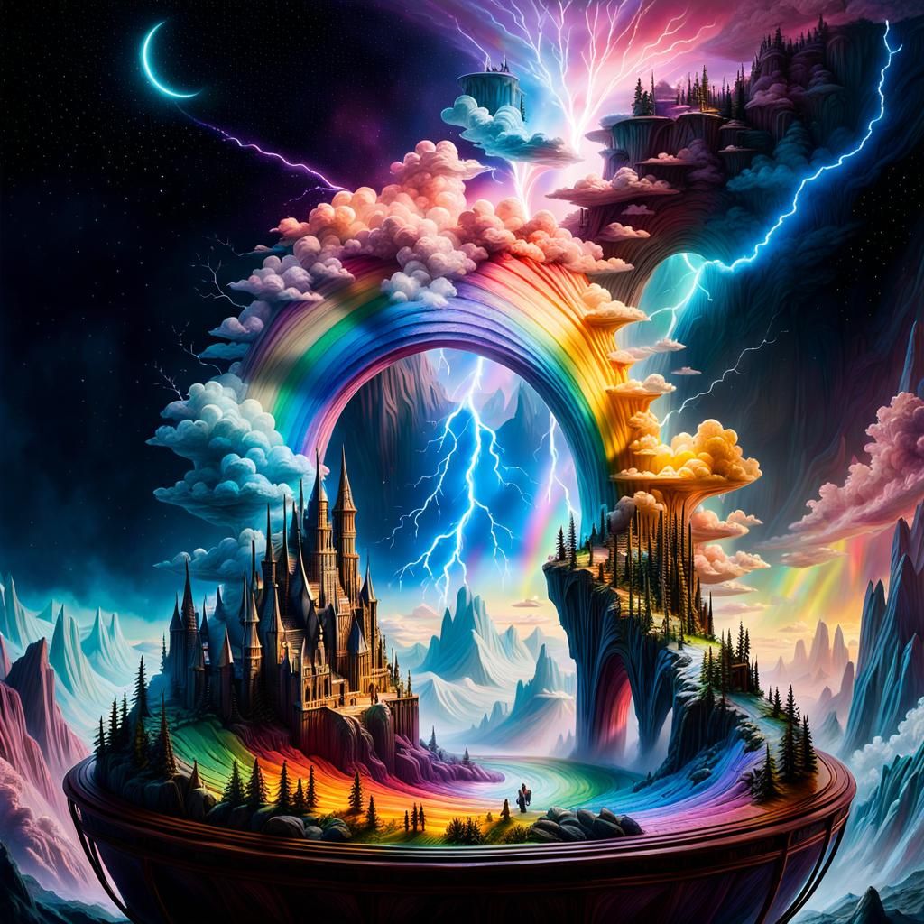 Fantasy World Carved into Magic Rainbow with Lightning