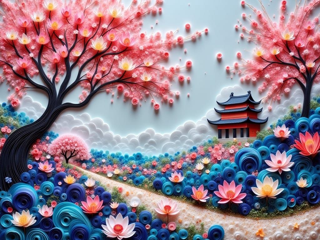Mystical Japanese Cherry Blossom Garden in Quilling Style