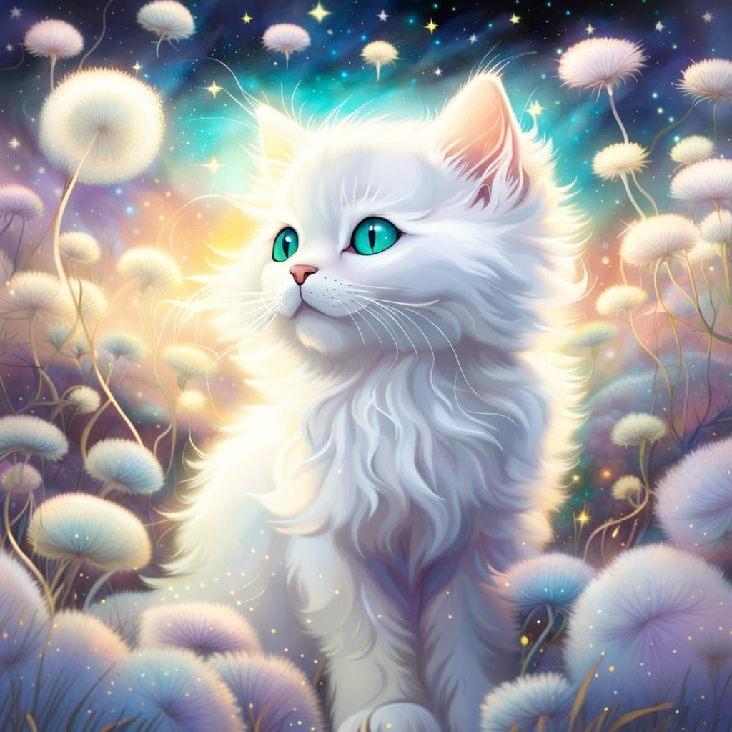 Mystical Iridescent Cat in Dreamlike Ghibli Realm