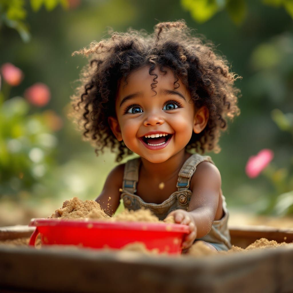 Laughing Girl Playing in Sandbox: Hyper-Realistic Image