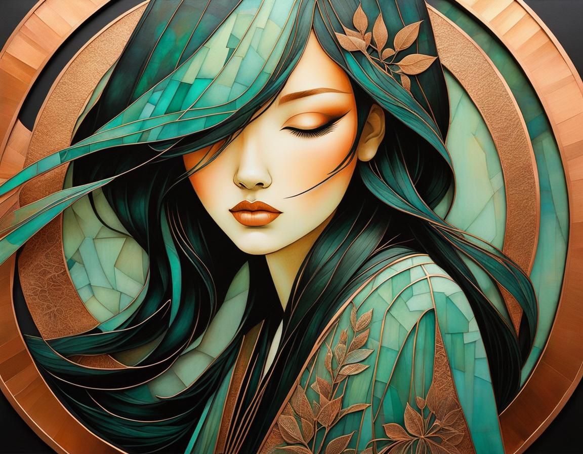 Copper Girl with Verdigris Patina in Encaustic Style