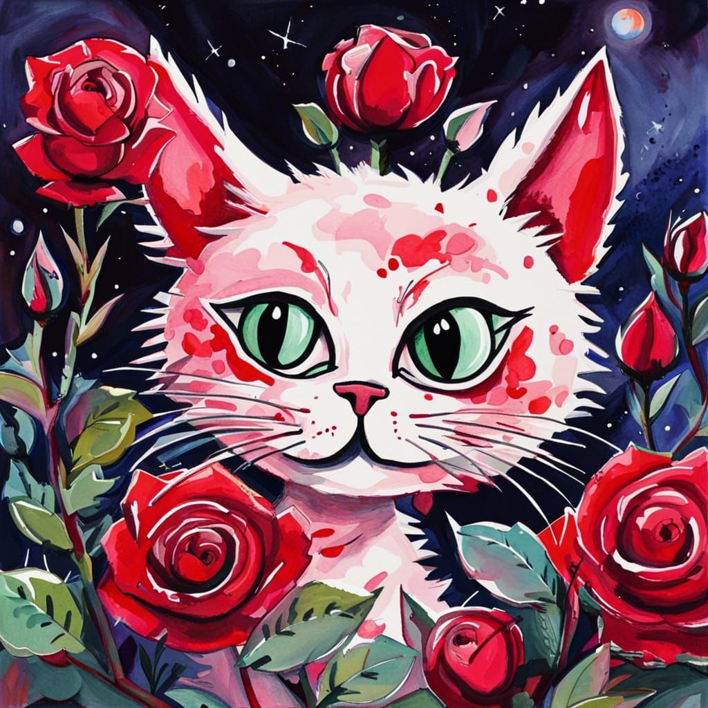 Gothic Horror Cat in Crimson Rose Garden