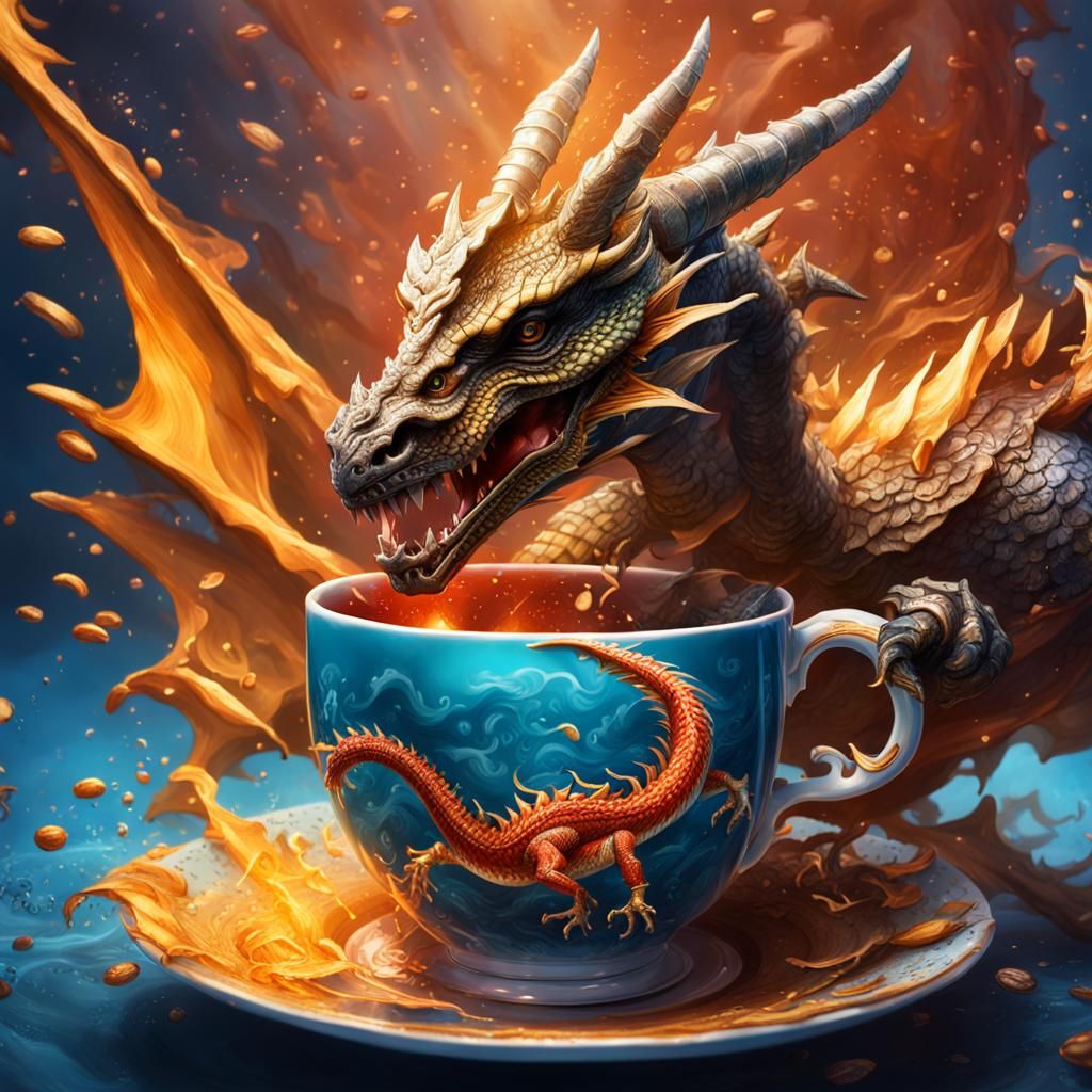 Knight vs Dragon in Teacup: Hyperrealistic Concept Art