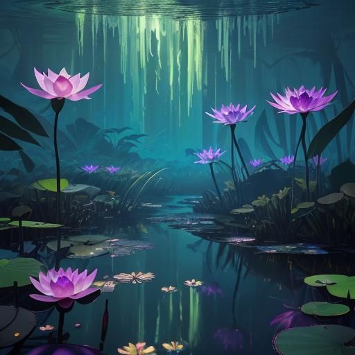 Metallic Ammonite Alligator-Dragonfly in Bioluminescent Swam...