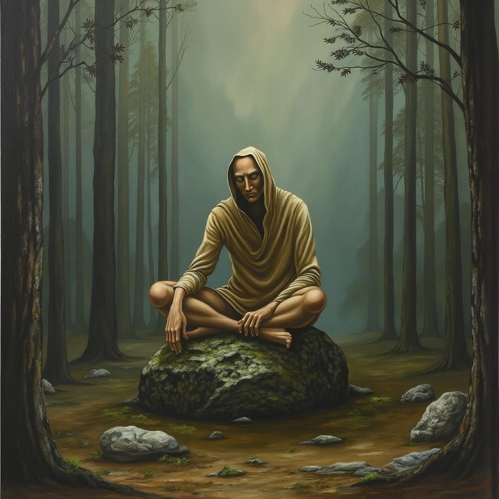 Contemplative Figure in Forest, Ethereal Landscape