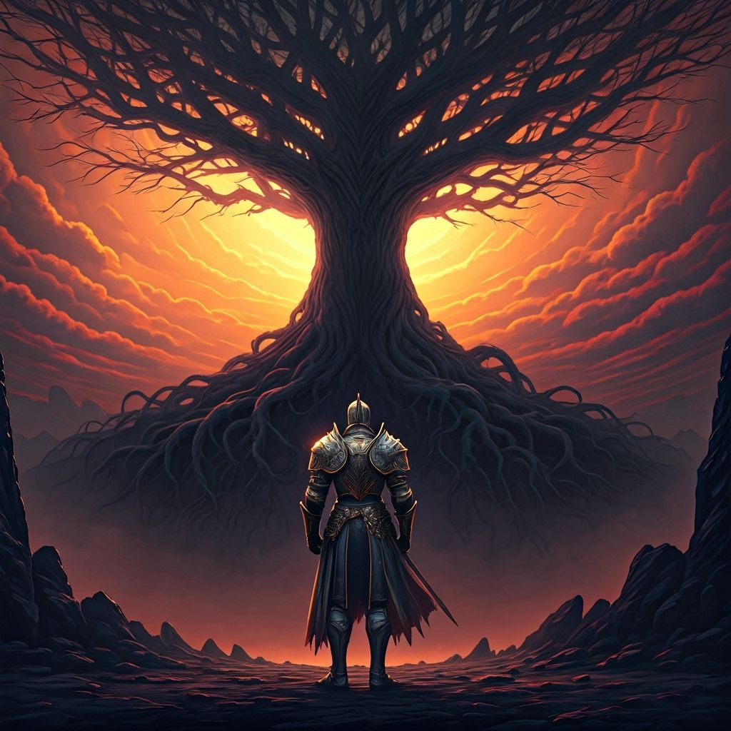 Knight Before Nightmare Tree in Fiery Sky