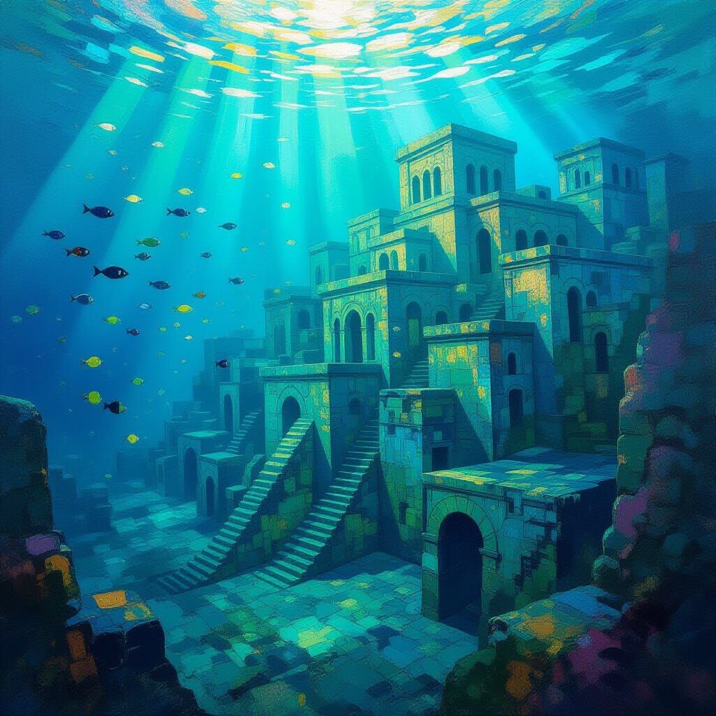 Lost Underwater City With Luminous Fish in Neo-Impressionist...