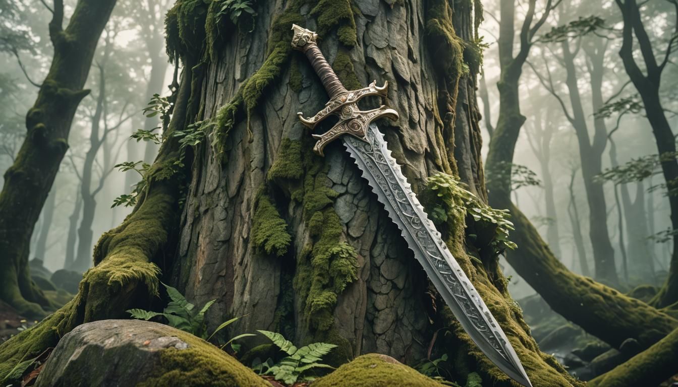 Intricate Medieval Sword Stabbed on Ancient Stone in Misty F...