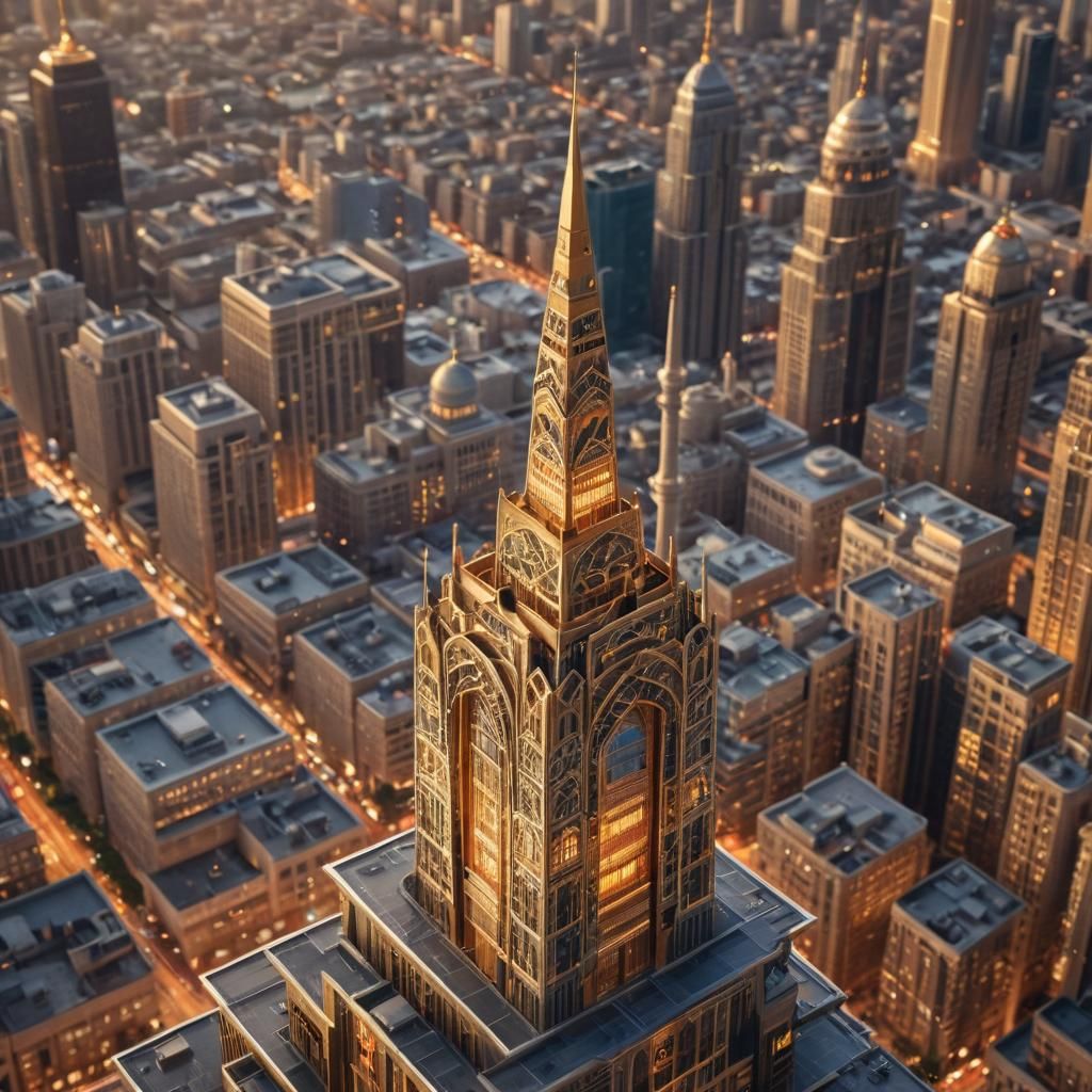 "A futuristic cityscape where skyscrapers blend Islamic geometric patterns with Art Deco influences."