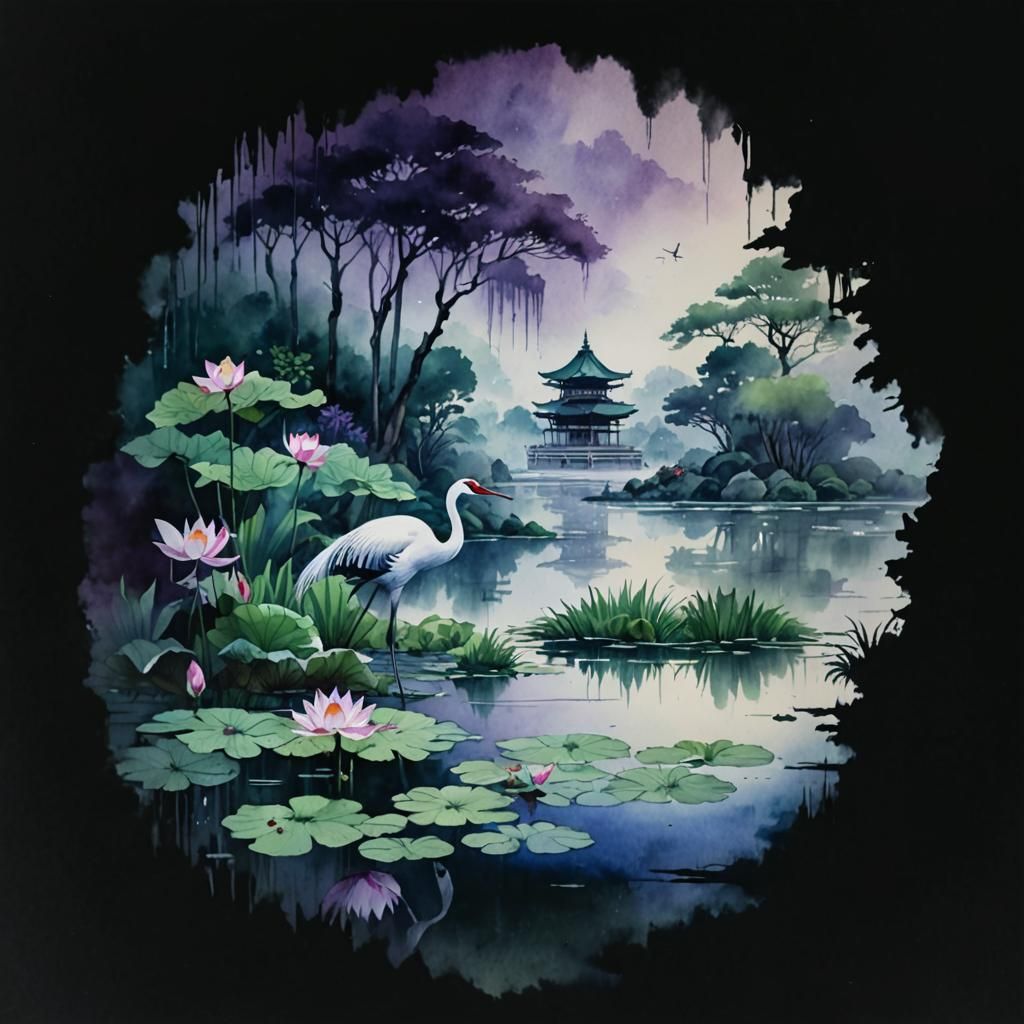 Watercolor Crane in Lotus Pond with Temple