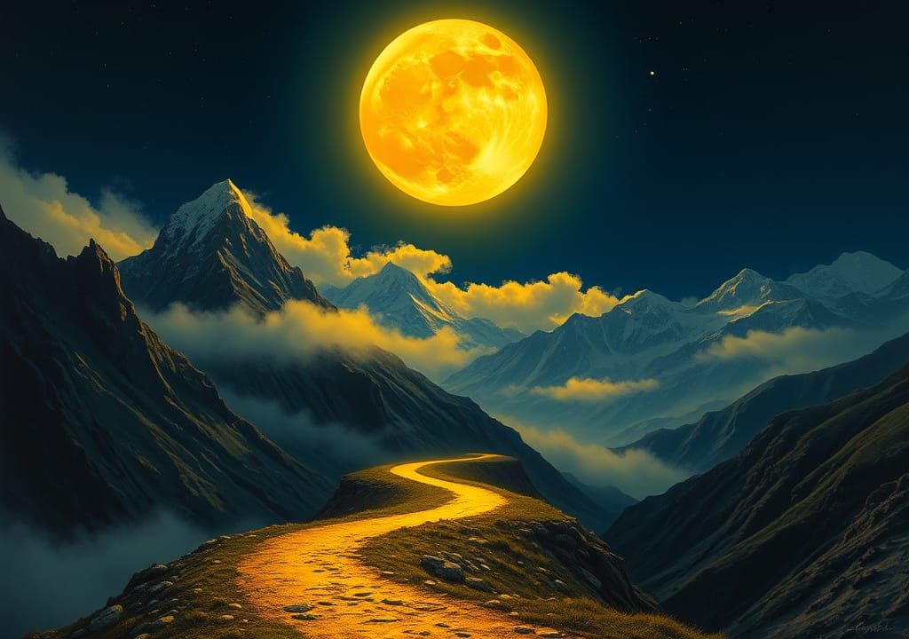 Ethereal Moonlit Path Through Mystical Mountain Landscape