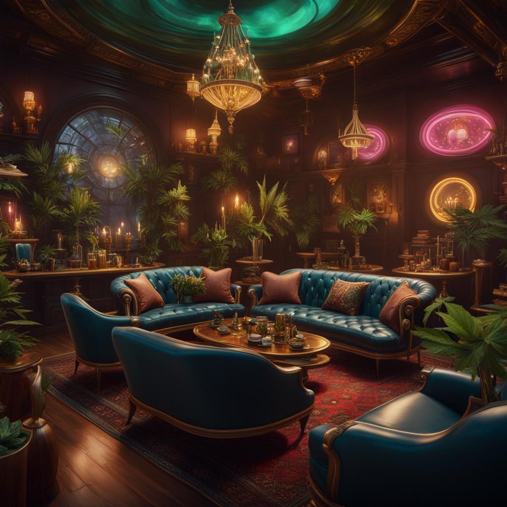 Cannabis Club Members Lounge: A Detailed Digital Painting
