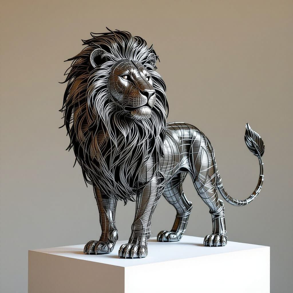 Intricate Metal Wire Lion Sculpture