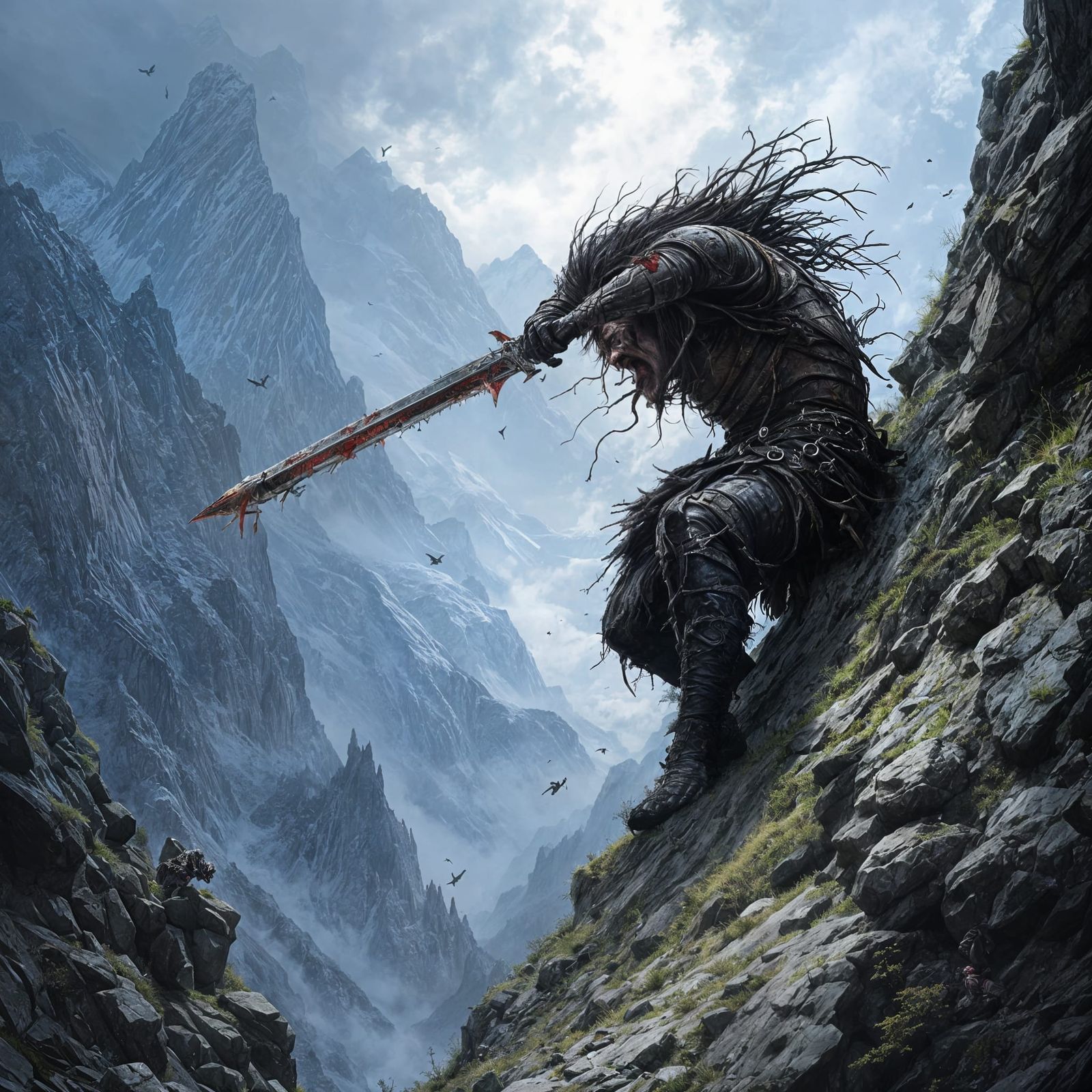 Medieval Thug Tumbling Down Hill in Dark Fantasy