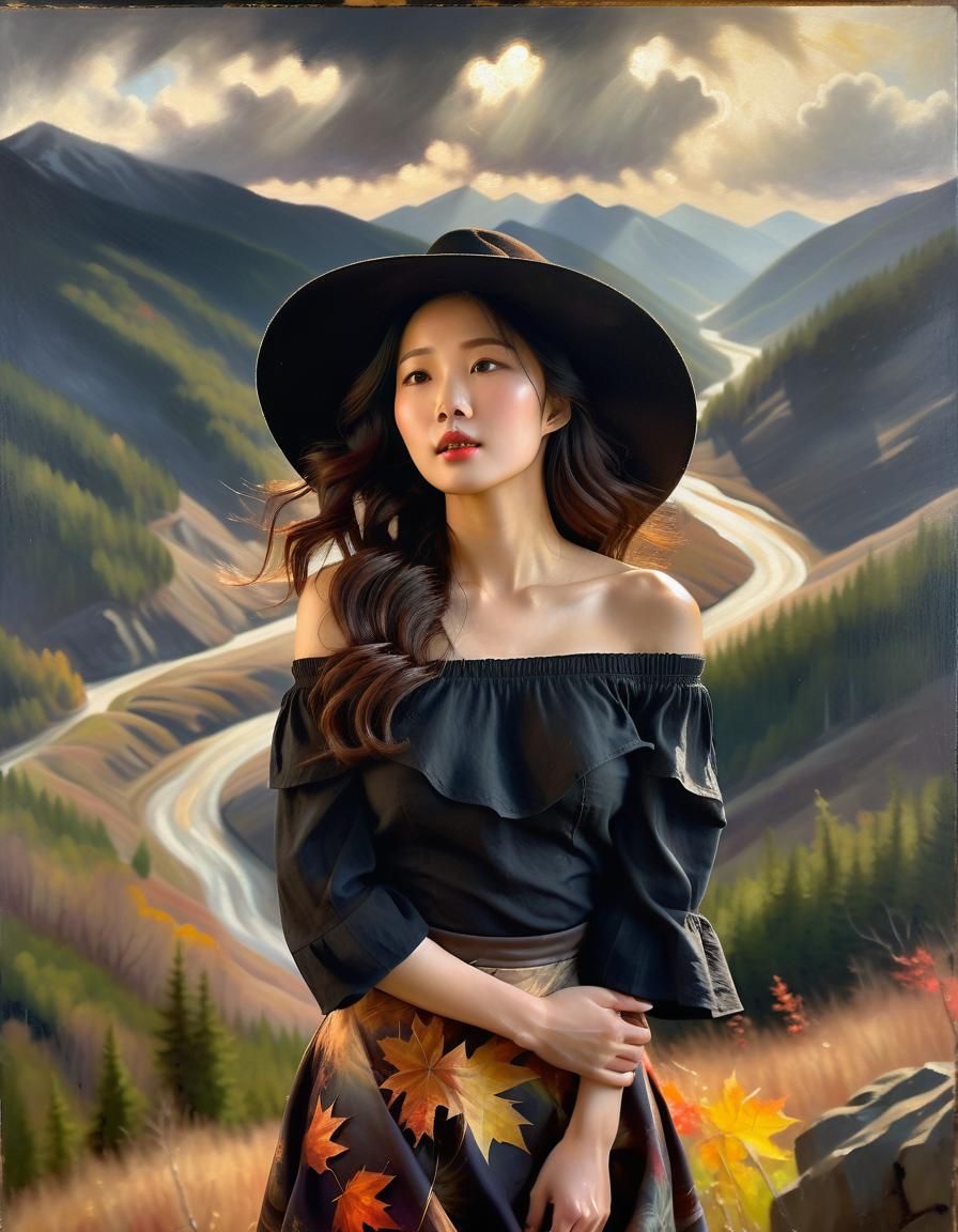 Korean Woman Portrait with Maple Mountains as Oil Painting